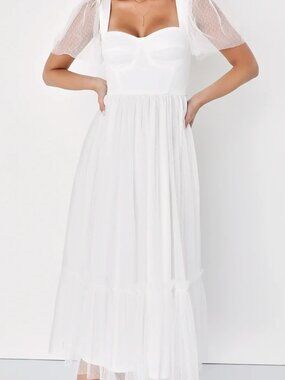 NWT Lulus Dreamy Celebration White Tulle Bustier Swiss Dot Midi Dress - Size M